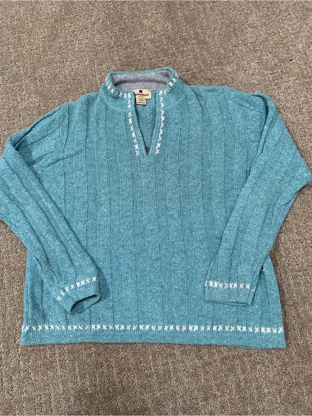 Woolrich Teal Ribbed Half-Zip Pullover with White Stitching